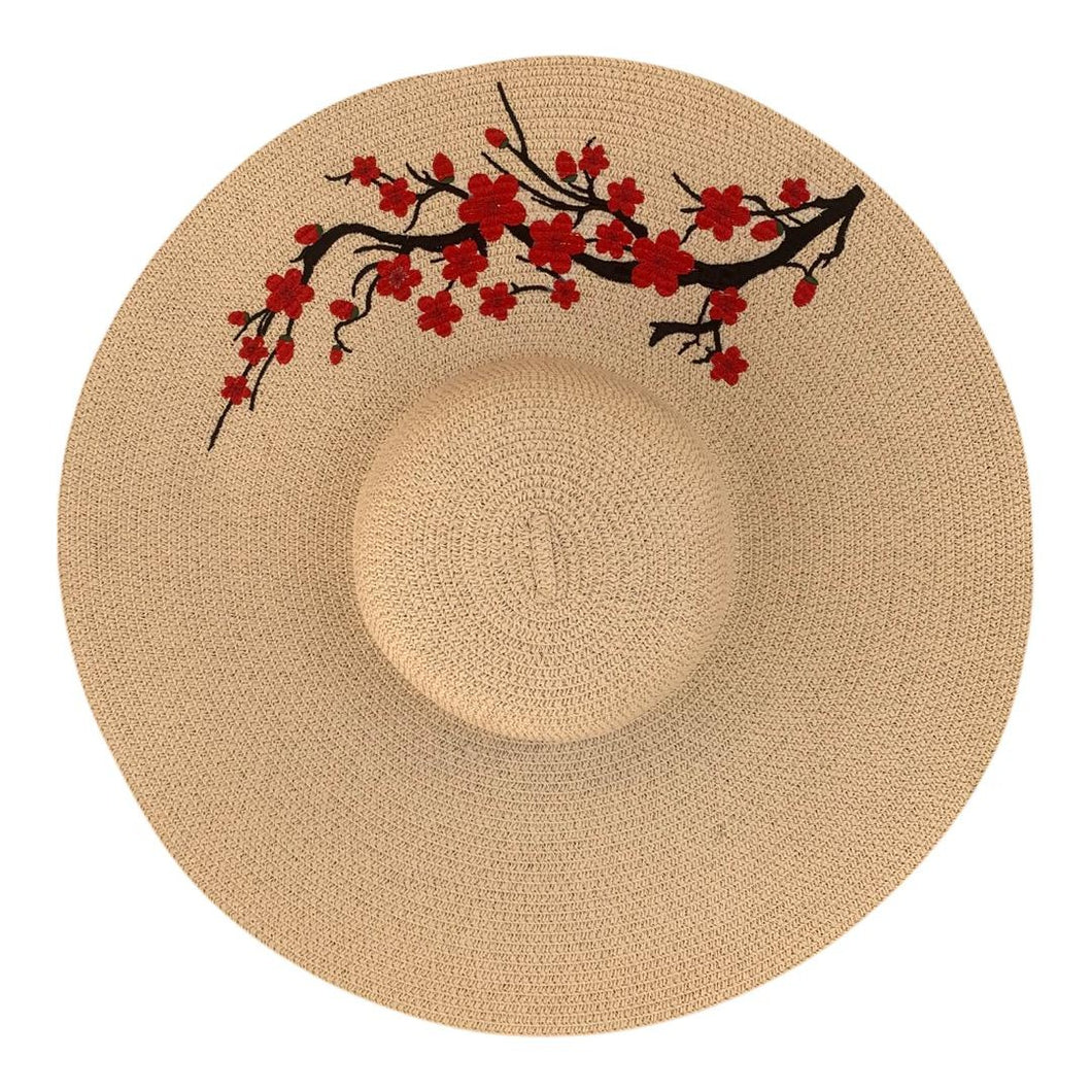Beige Hat - Red Cherry Blossom
