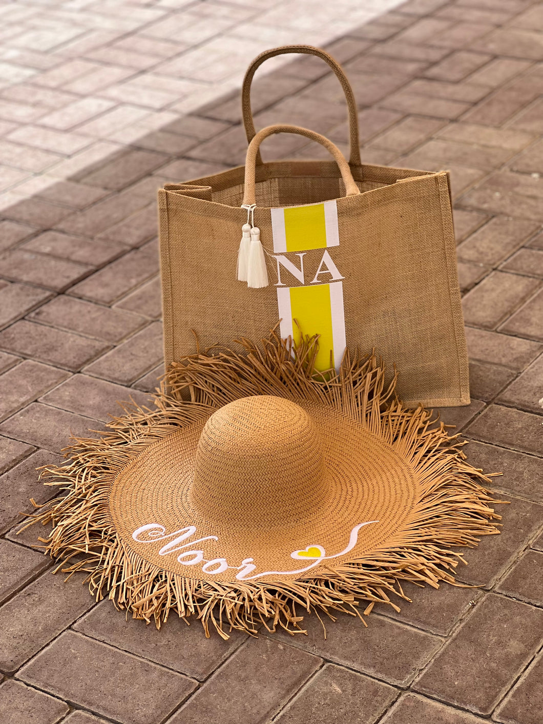 Brown Ruffeled hat and Beach bag Set - Yellow